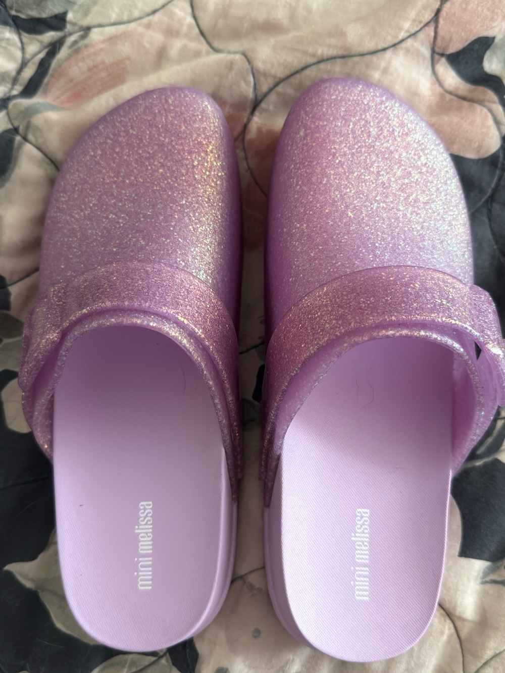 Girls Mini Melissa Sparkle Lilac clogs, slip ons